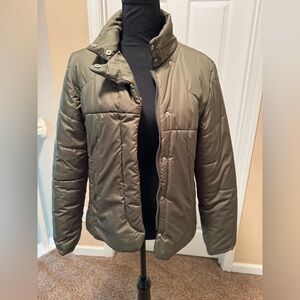 Green Quilted Puffer Jacket with High Collar